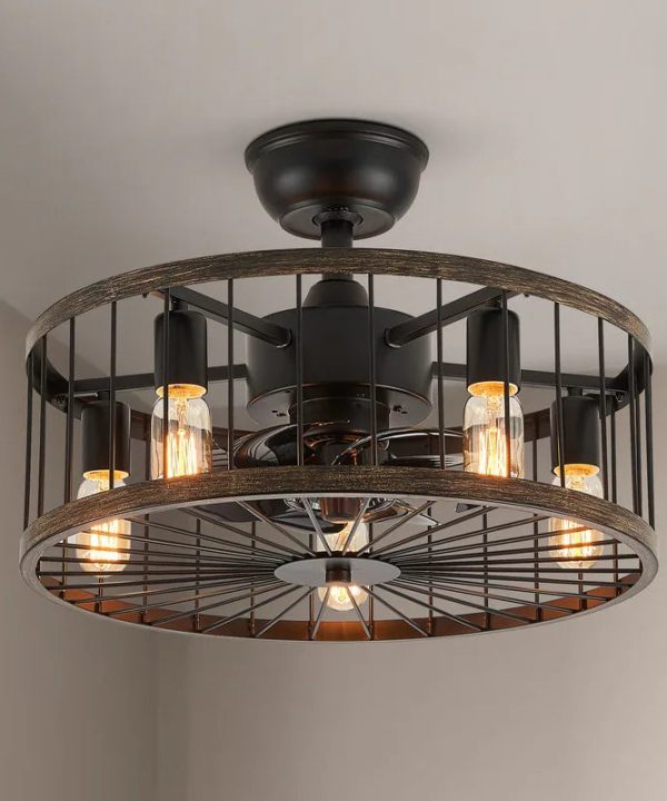 Low Profile Ceiling Fan Light Modern Farmhouse Wood Finish Caged Ceiling Fan with Light and Remote - Wood Grain Ceiling Fan Cheap Sale 2025 Newest