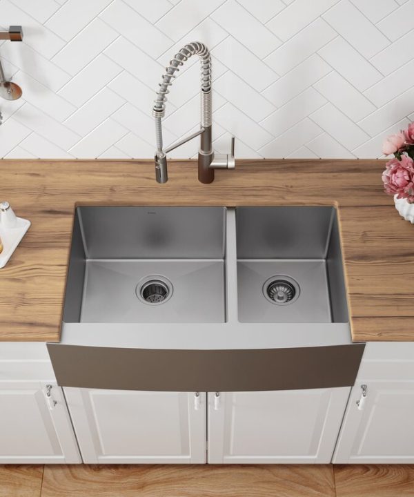 Satin 36" L x 21" W Double Basin Farmhouse Kitchen Sink with Basket Strainer 7403 Geniue Stockist Online