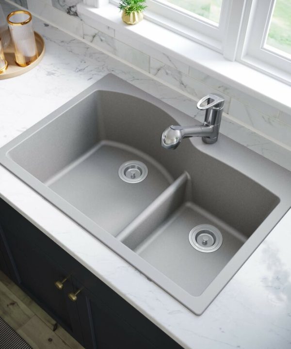 Low-Divide Granite Composite 33" L x 22" W Double Basin Drop-In Kitchen Sink with Basket Strainer #HA146 Clearance Best Pices
