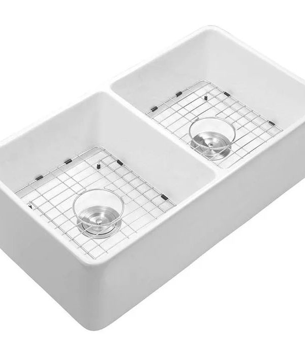 Salena 32" L x 20" W Double Basin Farmhouse Kitchen Sink with Basket Strainer Clearance New Arrival
