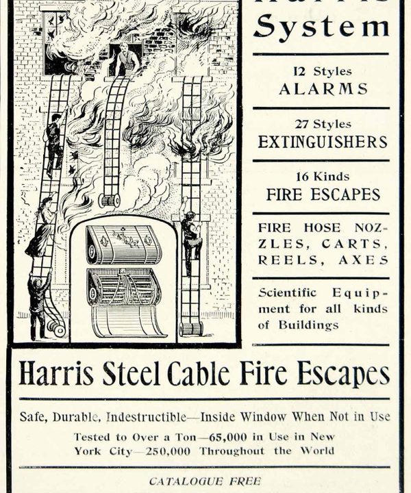 1903 Ad Harris Safety Extinguisher Smoke Alarm Steel Cable Fire Escape YCL2 Clearance Store Sale Online