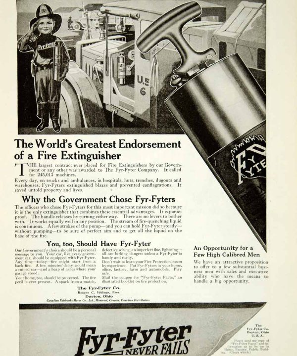 1919 Ad Fyr Fyter Fire Extinguisher Dayton OH Safety Equipment Child Boy YLD2 Order